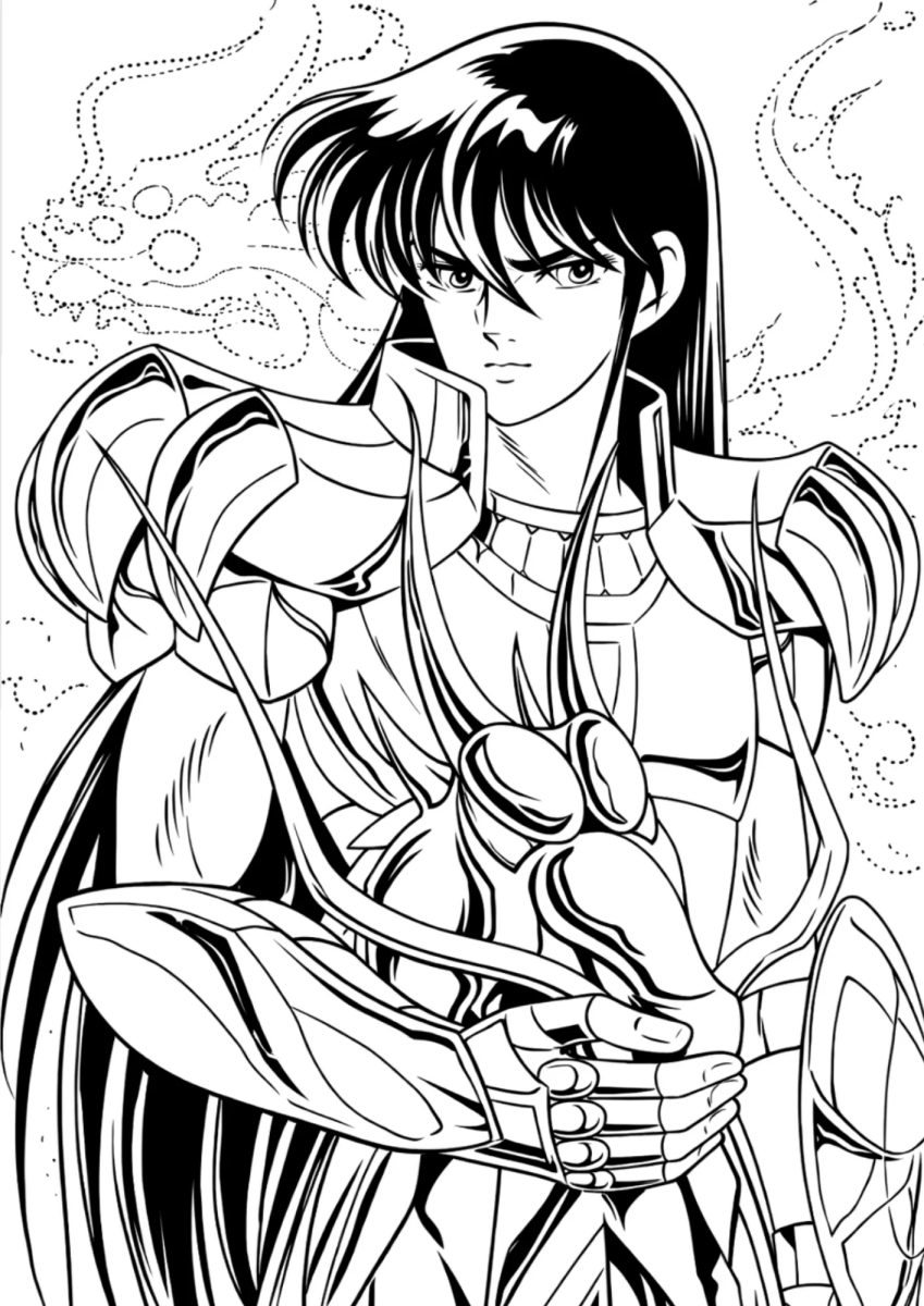 Shiryu de Dragão com o escudo e o cabelo ao vento para colorir