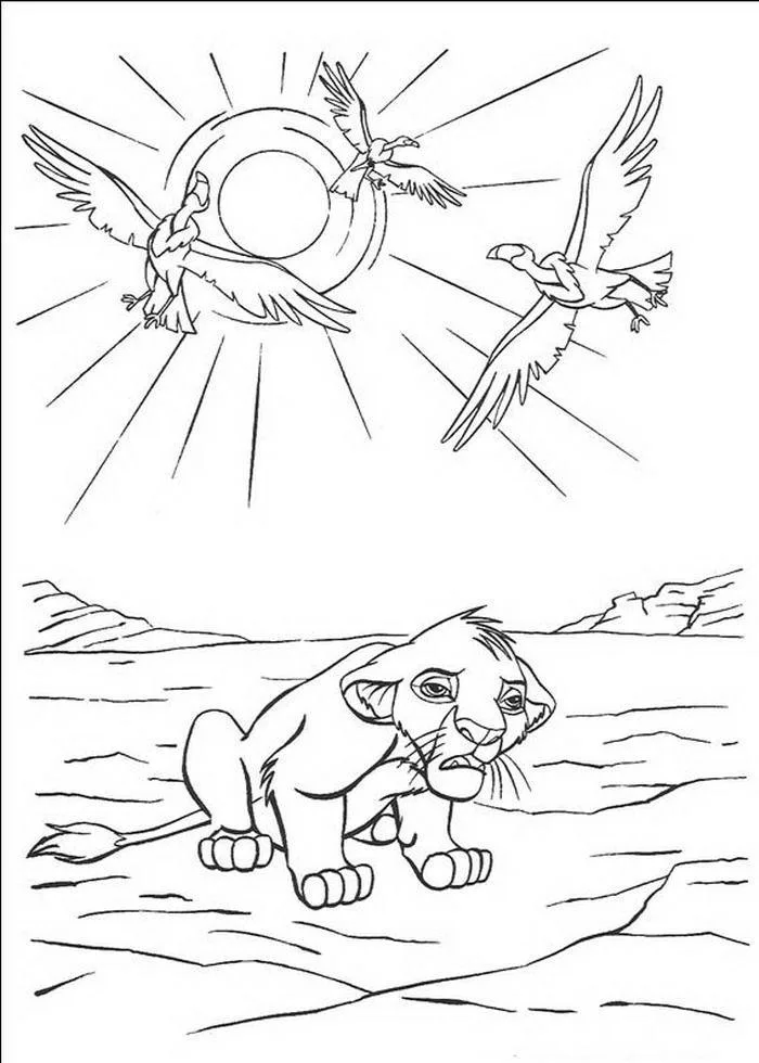 Simba filhote e os pássaros ao sol para colorir