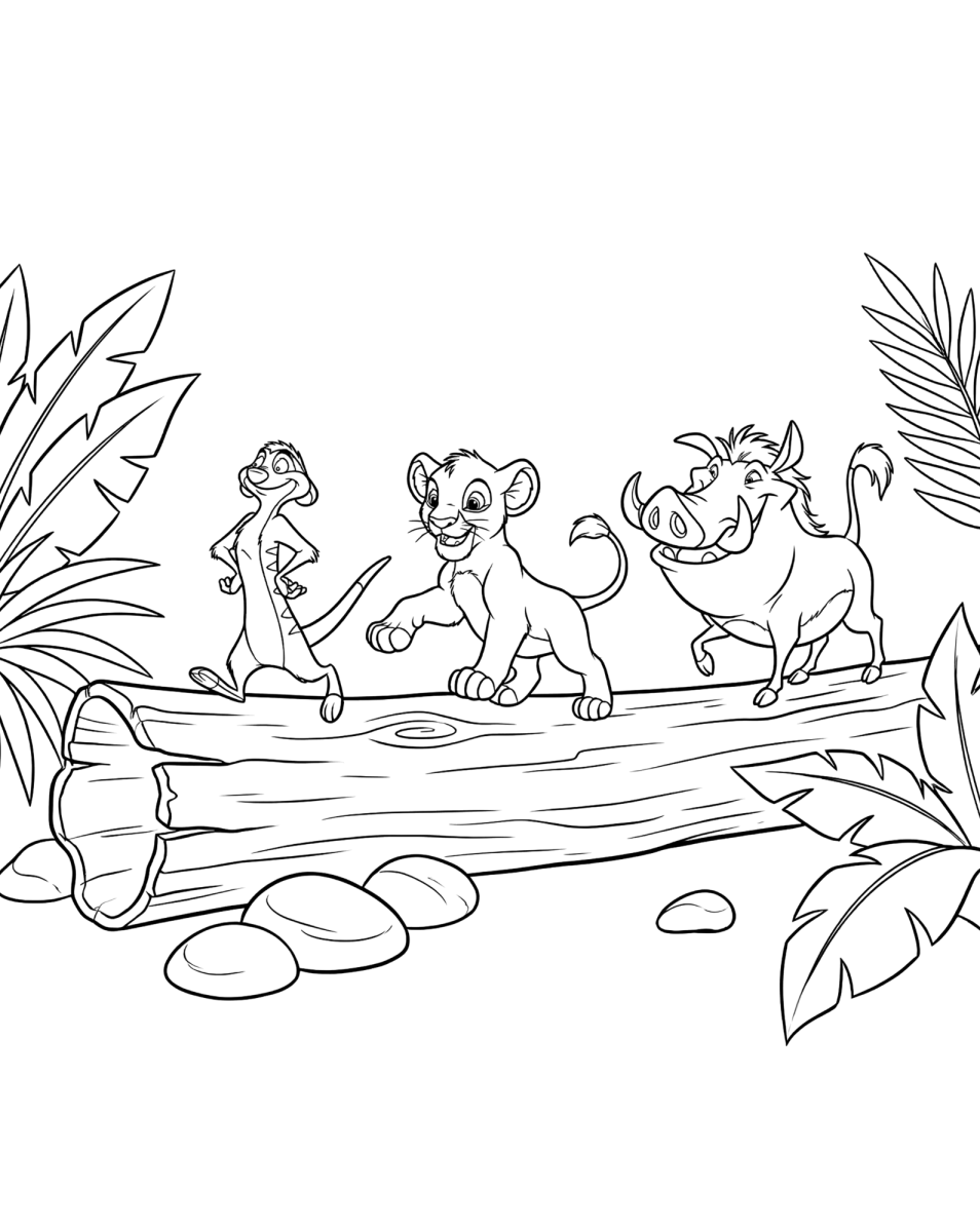 Simba, Timão e Pumba no tronco para colorir