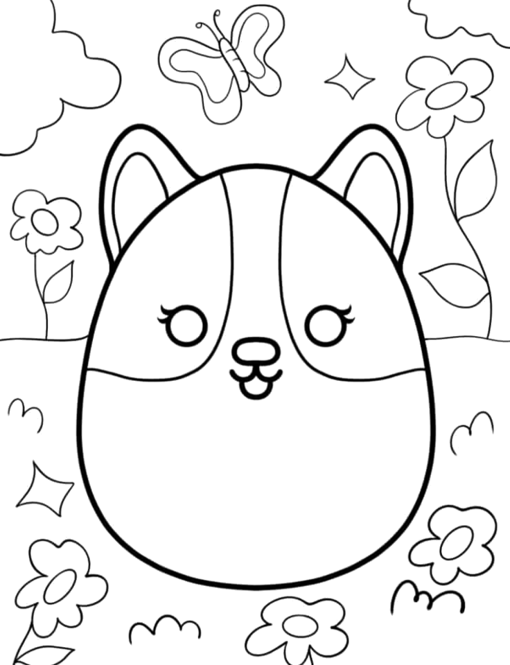 Squishmallow cachorrinho corgi com flores para colorir