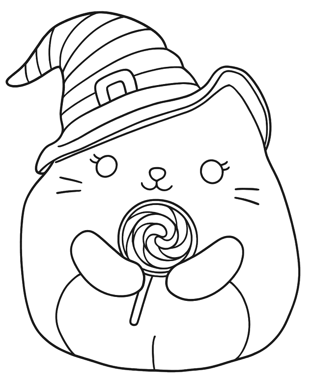 Squishmallow gatinho com chapéu de bruxa para colorir