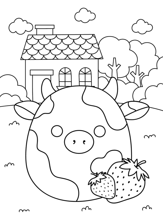 Squishmallow porquinho na frente da casinha para colorir