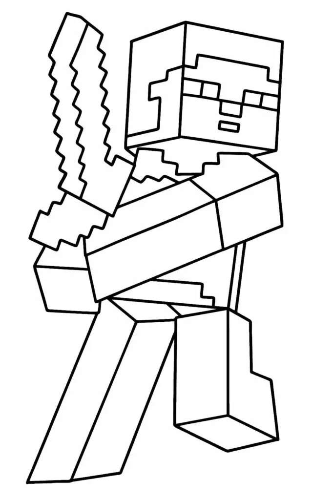 Steve com espada erguida para colorir