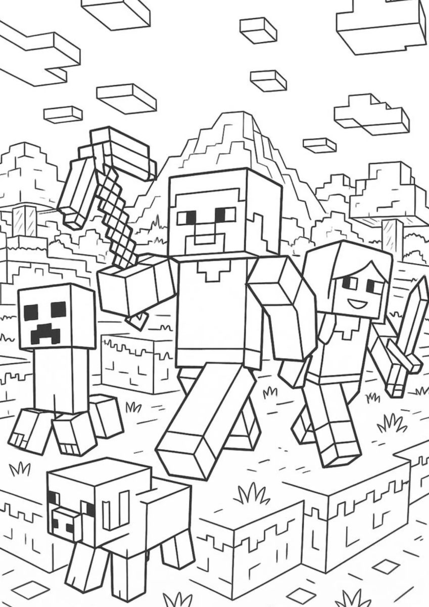 Steve construindo com blocos para colorir