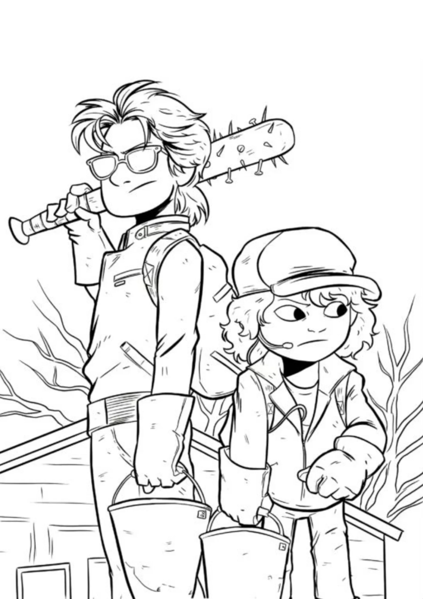 Steve e Dustin prontos para a aventura para colorir