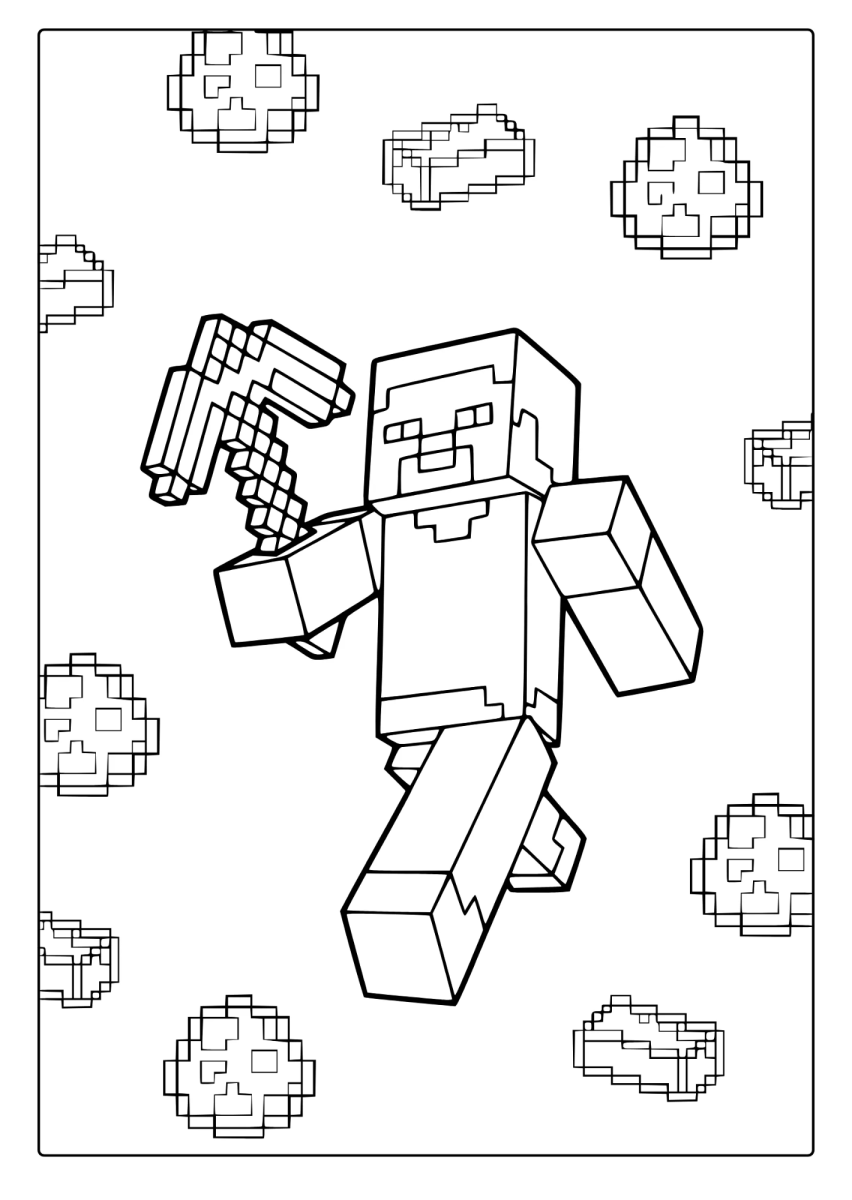 Steve flutuando entre blocos para colorir