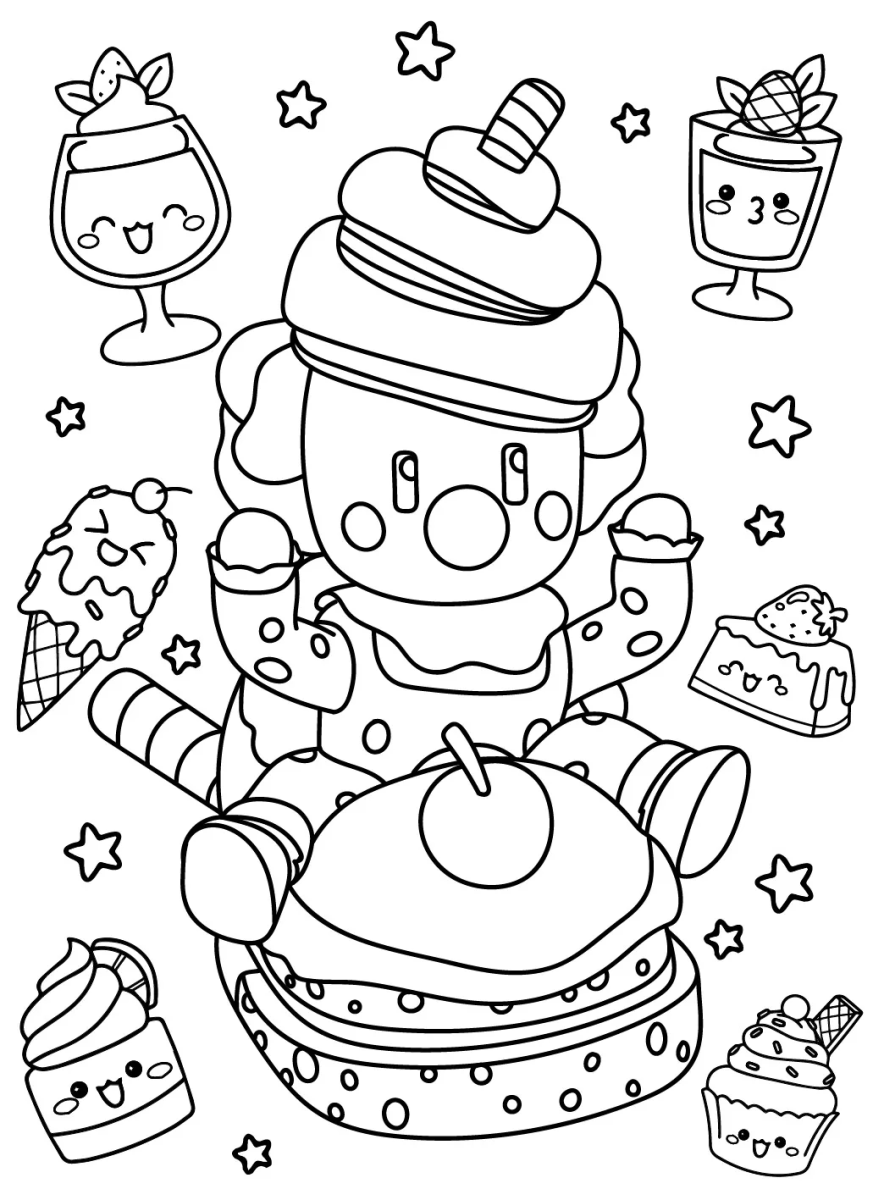 Stumble Guy fantasiado de bolo com sorvetes e cupcakes para colorir