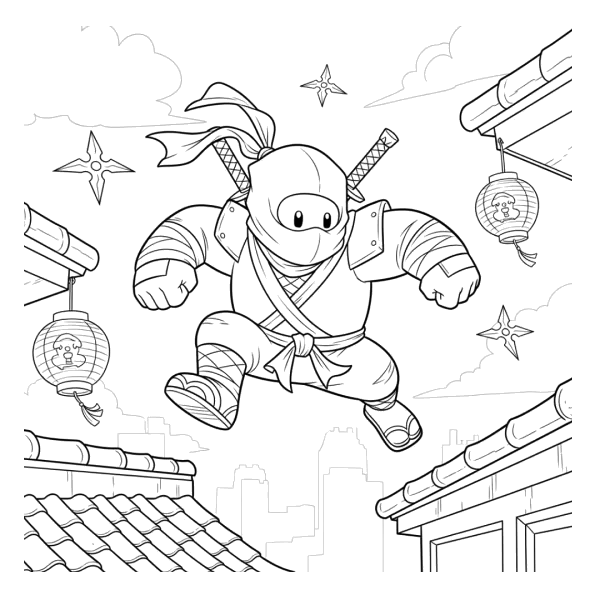 Stumble Guy ninja saltando no telhado para colorir