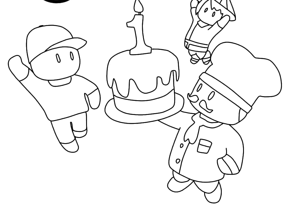 Stumble Guys na festa de aniversário com bolo para colorir