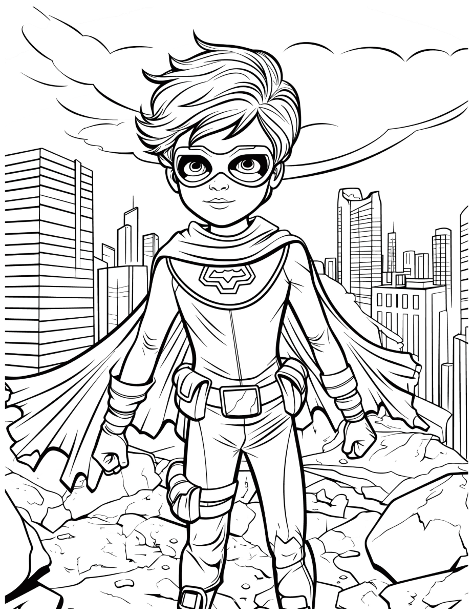 Super-herói adolescente na cidade grande para colorir