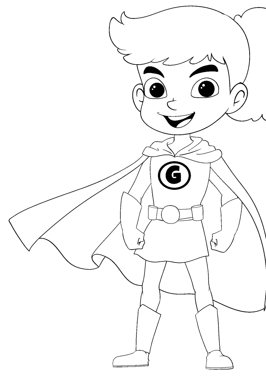 Super-herói mirim com emblema no peito e capa para colorir