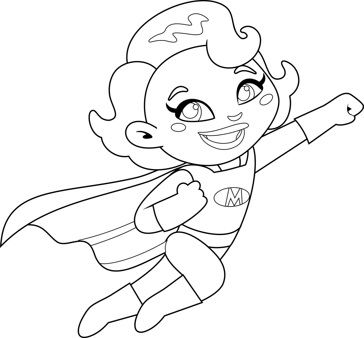 Super-heroína voando com estrela na testa para colorir
