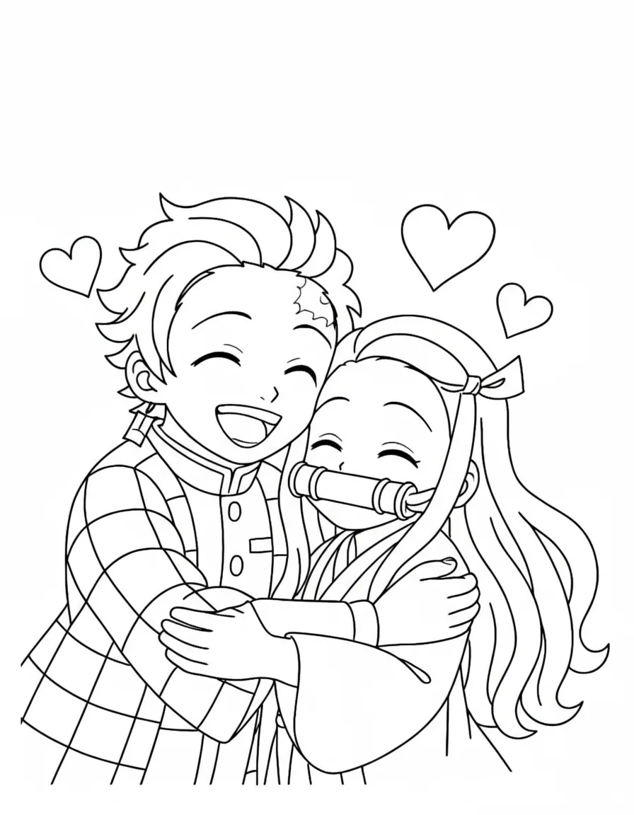 Tanjiro abraçando a irmã Nezuko para colorir