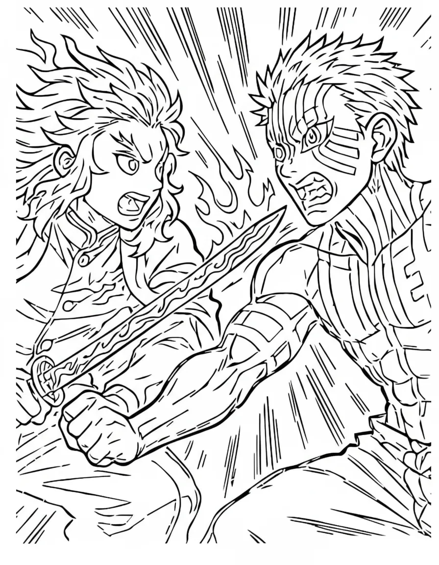 Tanjiro e Inosuke em plena batalha para colorir