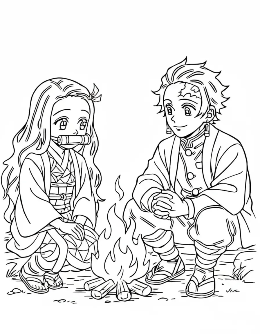 Tanjiro e Nezuko ao redor da fogueira para colorir