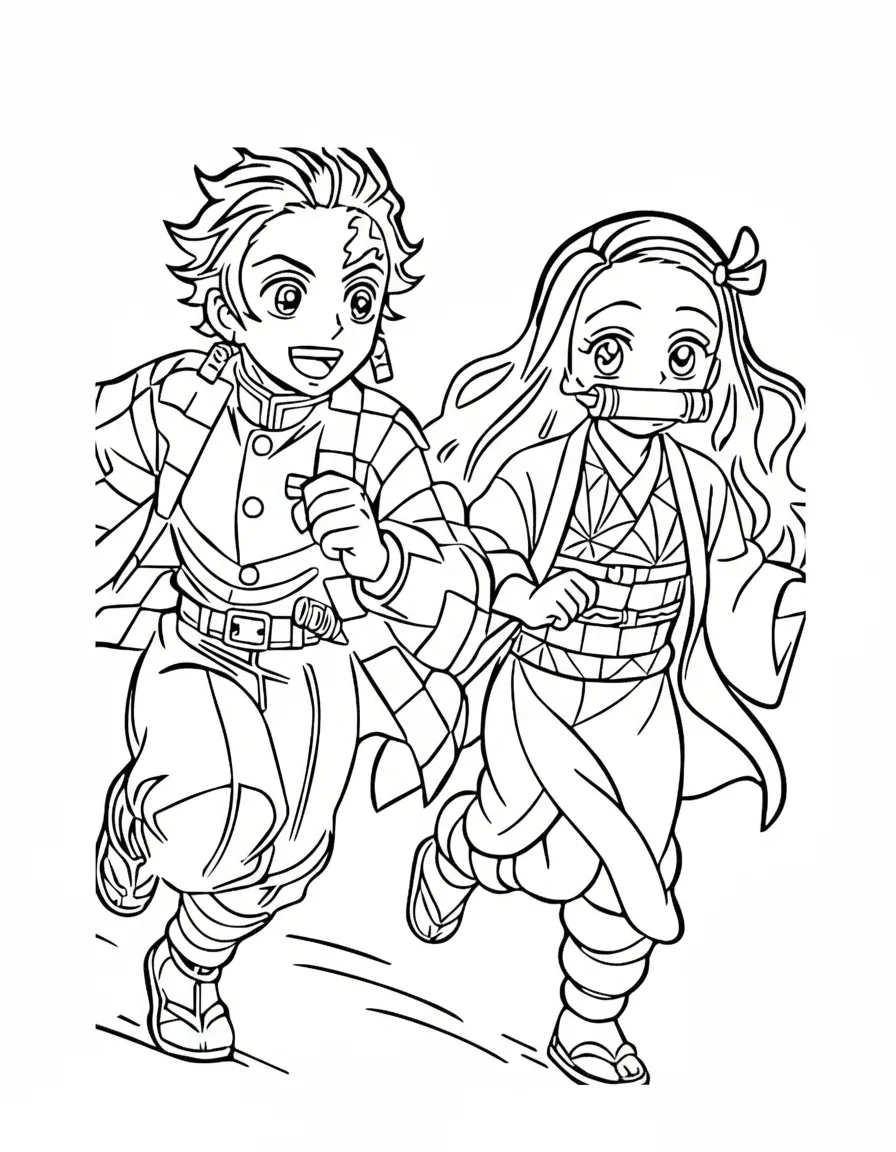 Tanjiro e Nezuko correndo juntos para colorir