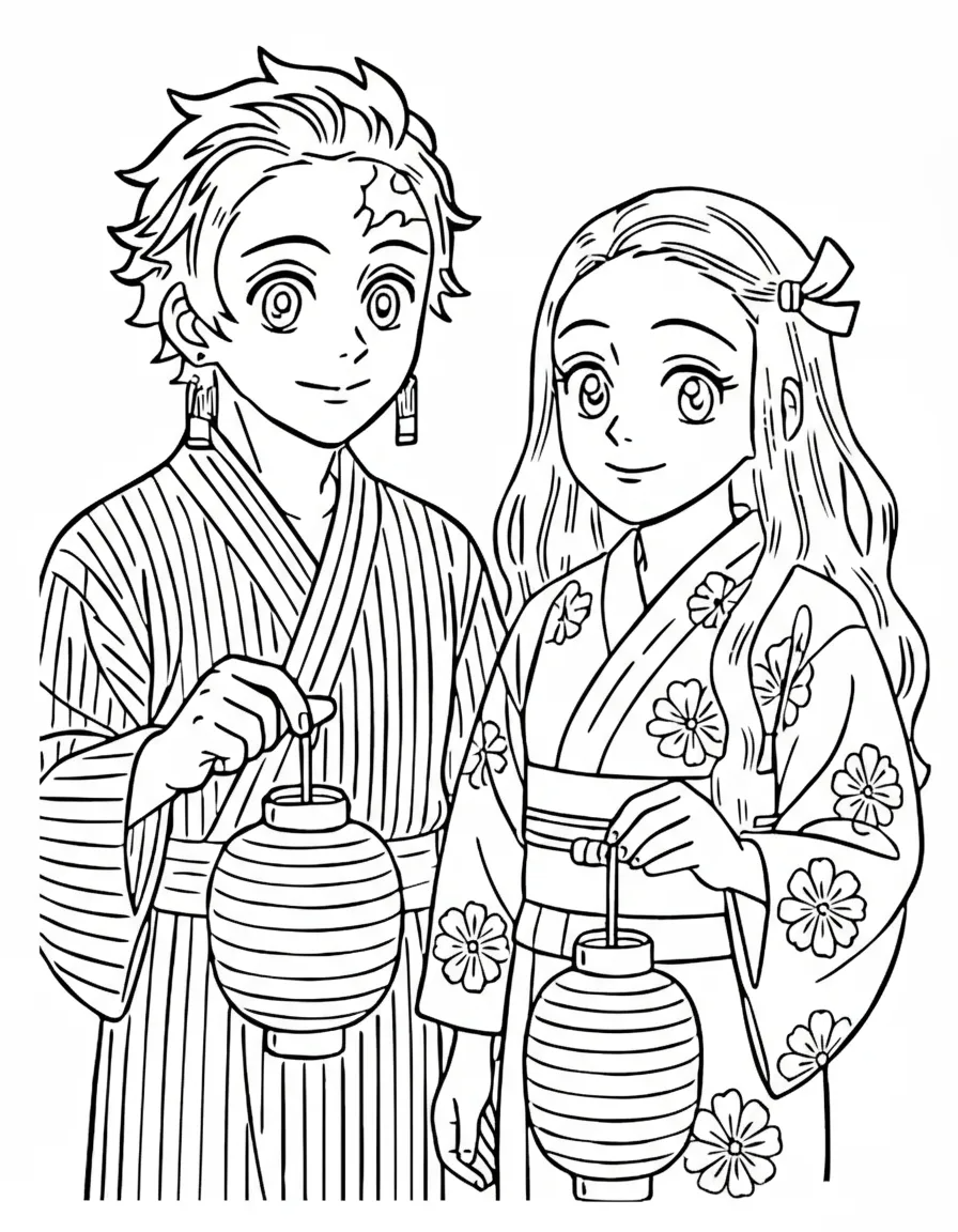 Tanjiro e Nezuko de quimono com lanterna para colorir