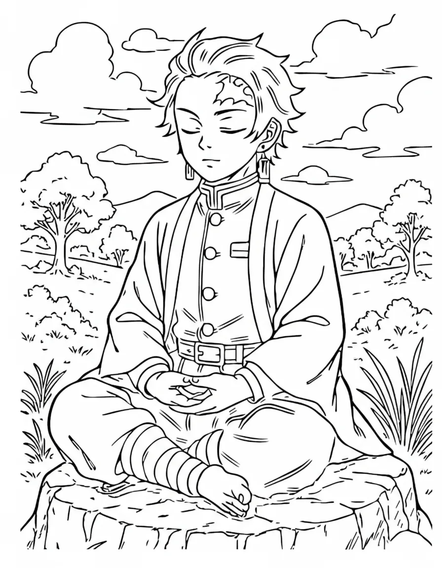 Tanjiro meditando no campo para colorir