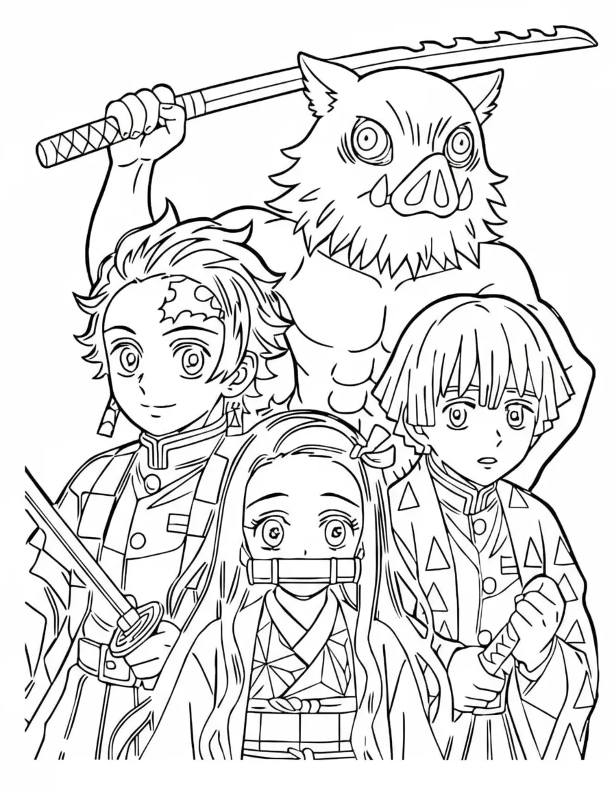 Tanjiro, Zenitsu, Inosuke e Nezuko reunidos para colorir