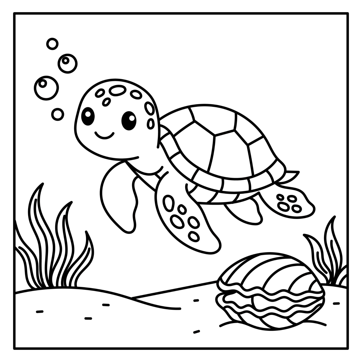 Tartaruga-marinha e uma concha no mar para colorir