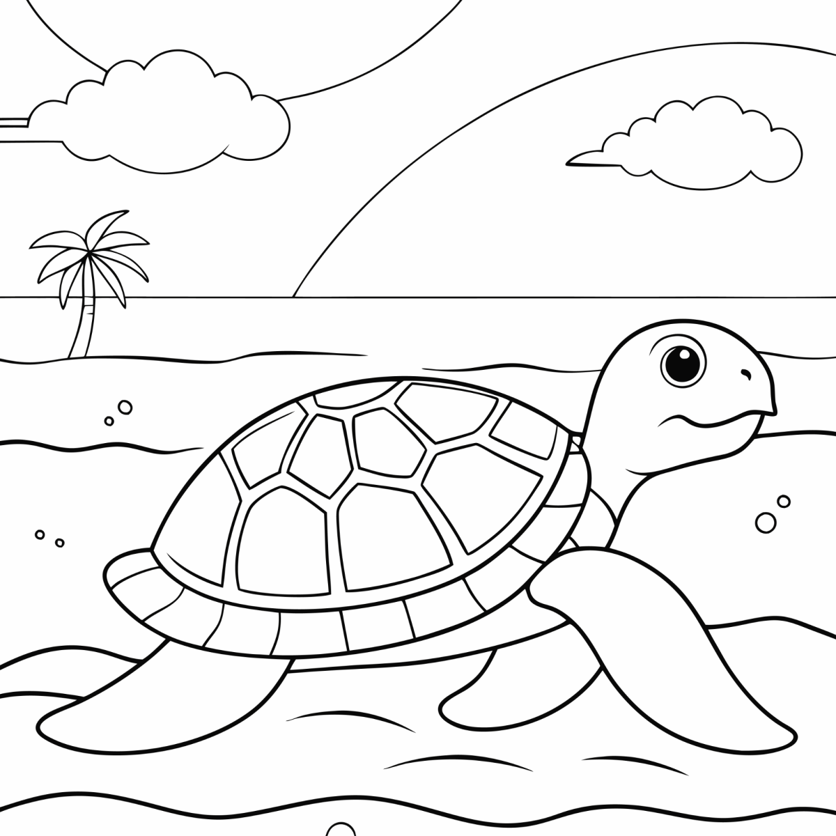 Tartaruga-marinha na praia com coqueiro para colorir