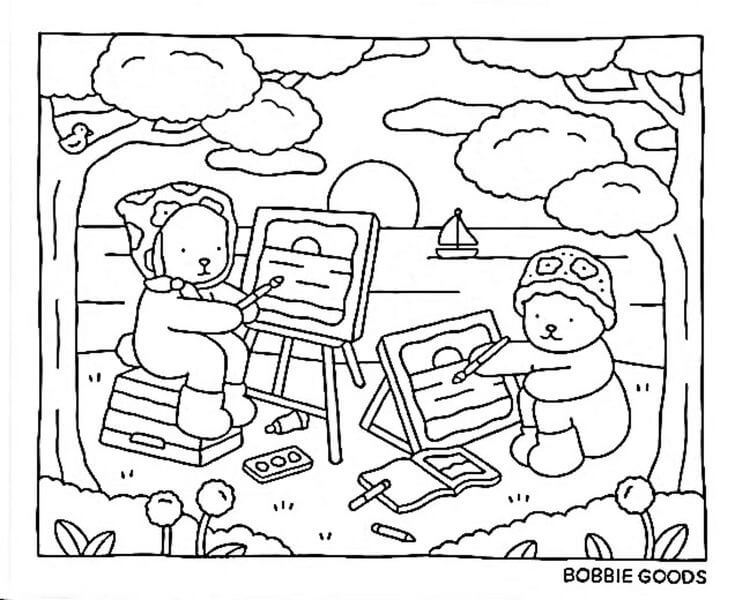 Teddy Bears Painting by the Lake