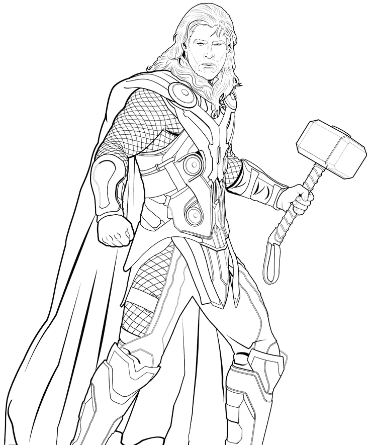Thor andando com o martelo ao lado do corpo para colorir
