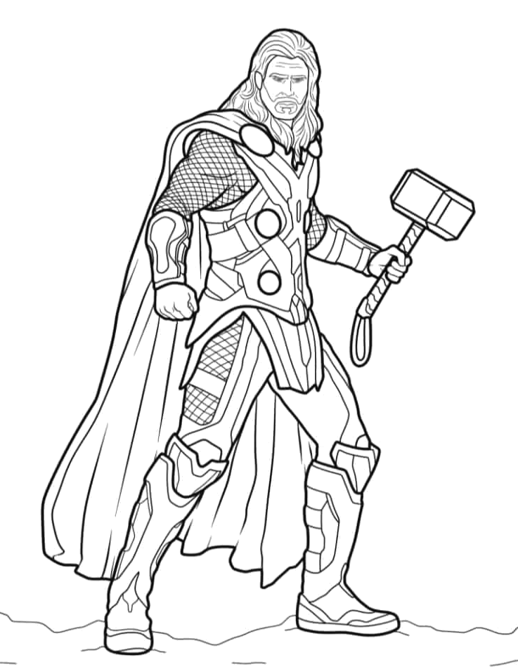 Thor caminhando com o martelo na mão para colorir