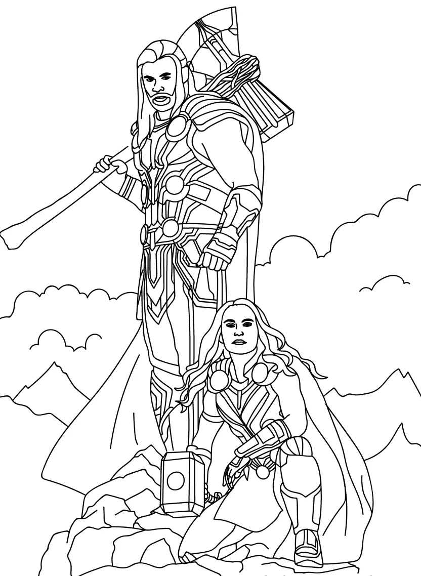Thor com o martelo erguido ao lado de um guerreiro para colorir