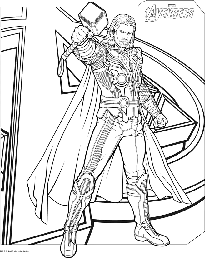Thor com sua capa e martelo para colorir