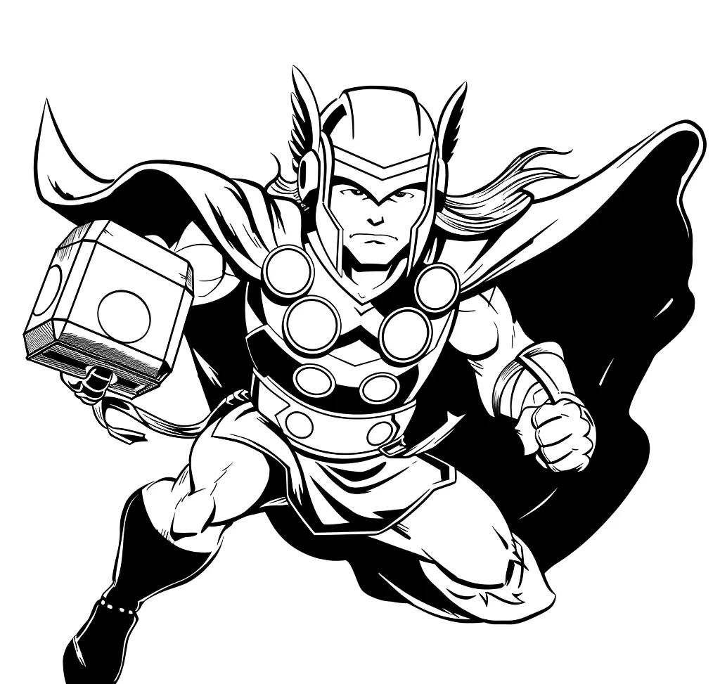 Thor correndo com o Mjolnir em punho para colorir