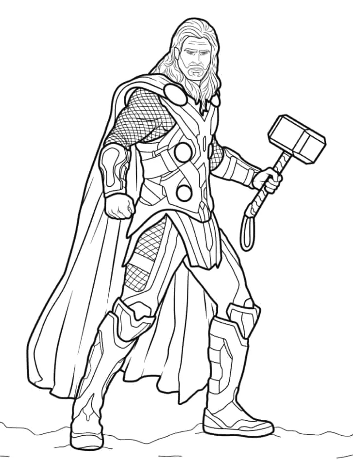 Thor de armadura com o martelo apoiado no ombro para colorir