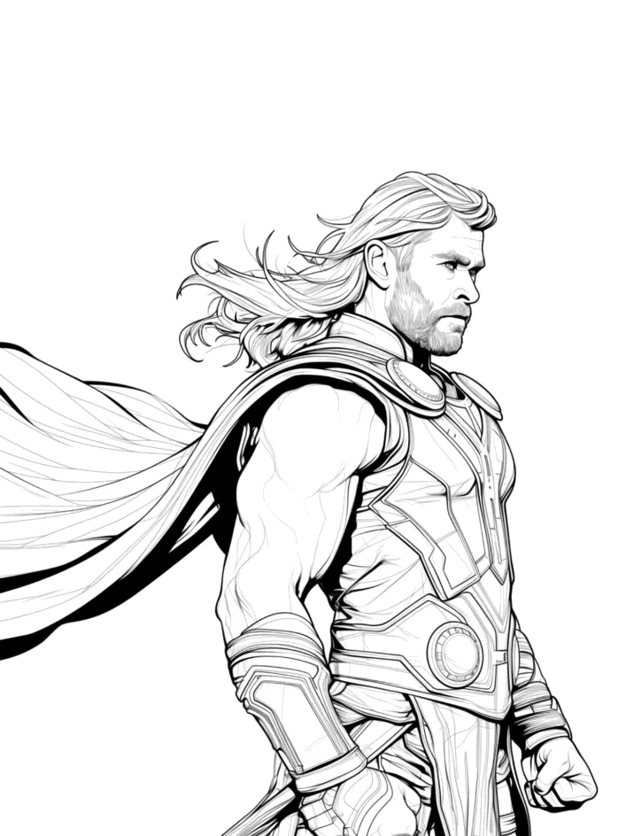 Thor de cabelos longos ao vento para colorir