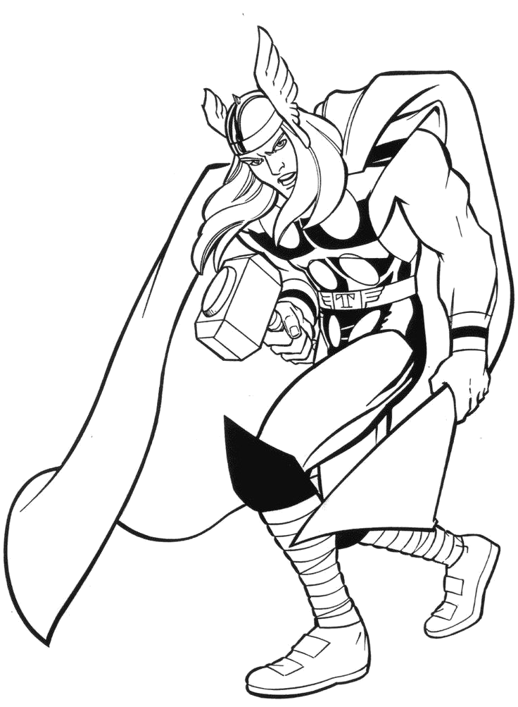 Thor de capa esvoaçante erguendo o martelo para colorir