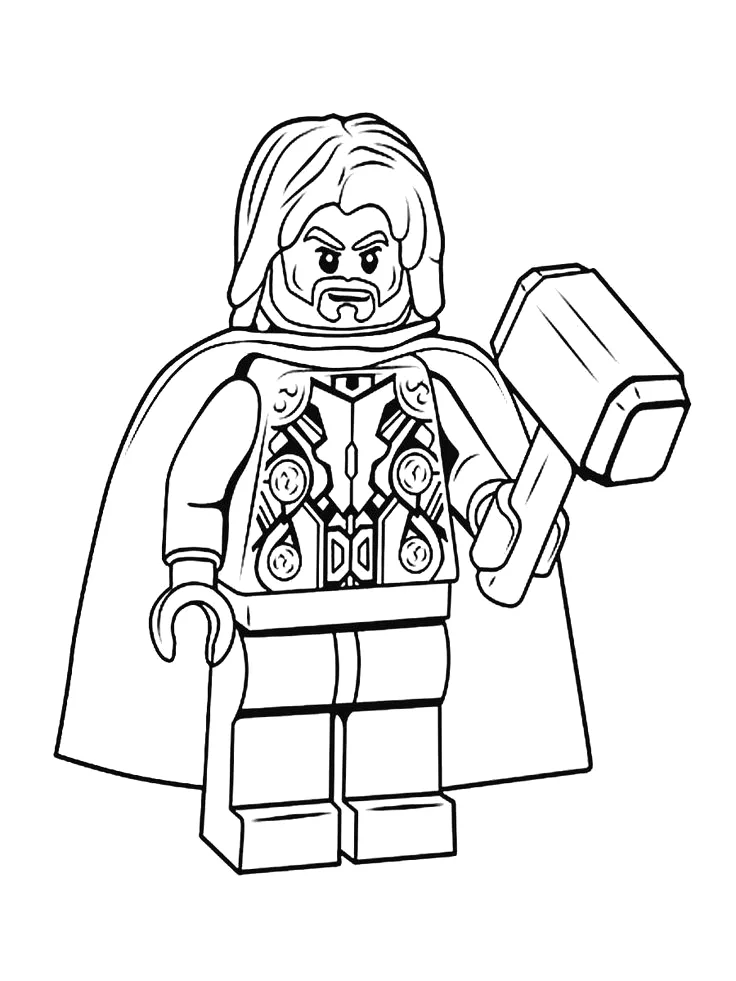 Thor de Lego sorrindo com o martelo para colorir