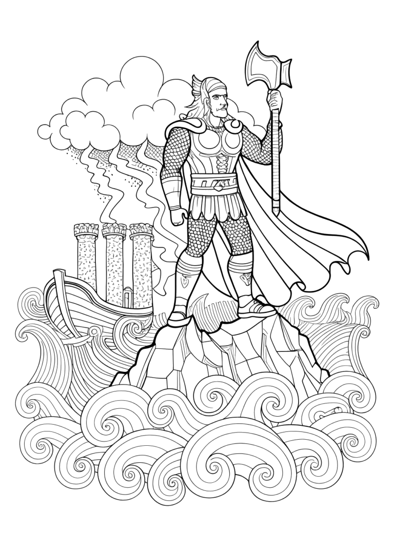 Thor de pé sobre as rochas com o martelo para colorir