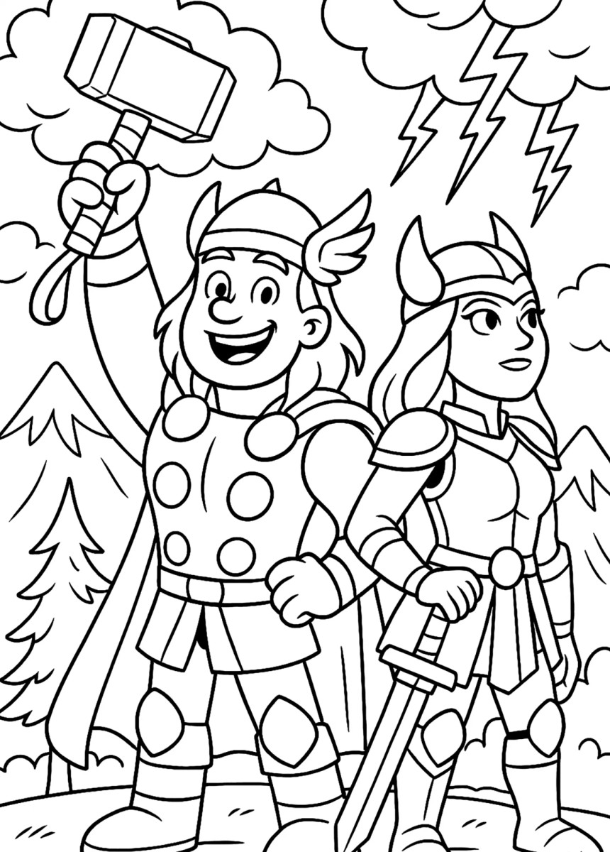 Thor e Valquíria mirins na floresta para colorir
