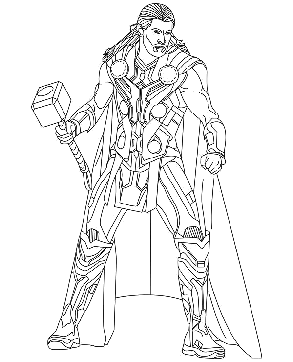 Thor em armadura completa segurando o martelo para colorir