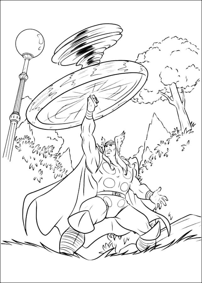 Thor girando o Mjolnir na floresta para colorir