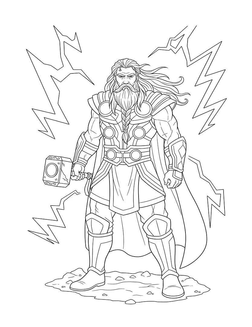 Thor invocando o trovão com o martelo para colorir