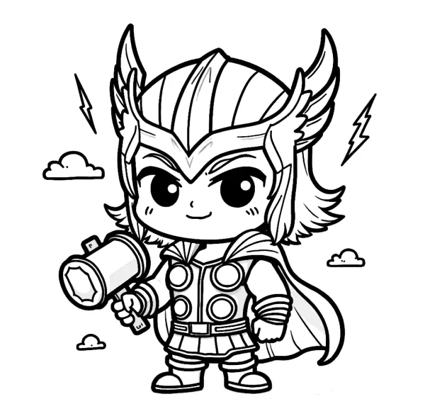 Thor kawaii com capacete e martelinho para colorir