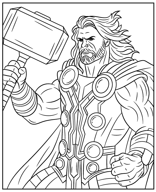 Thor levantando o Mjolnir com força total para colorir