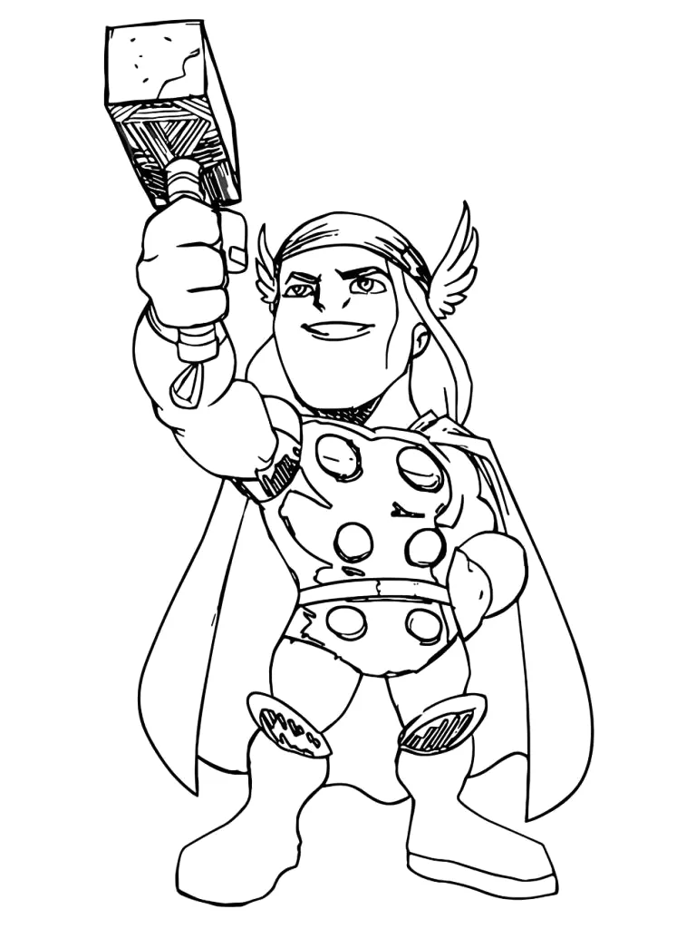 Thor sorridente com o martelo erguido para colorir
