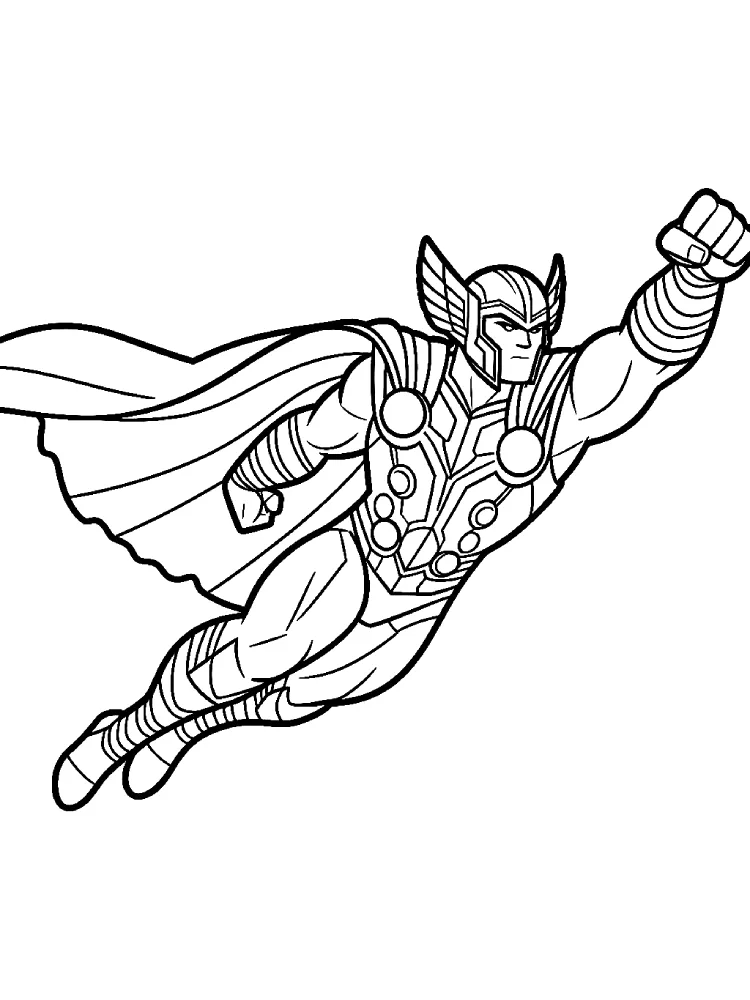 Thor voando com o punho fechado para colorir