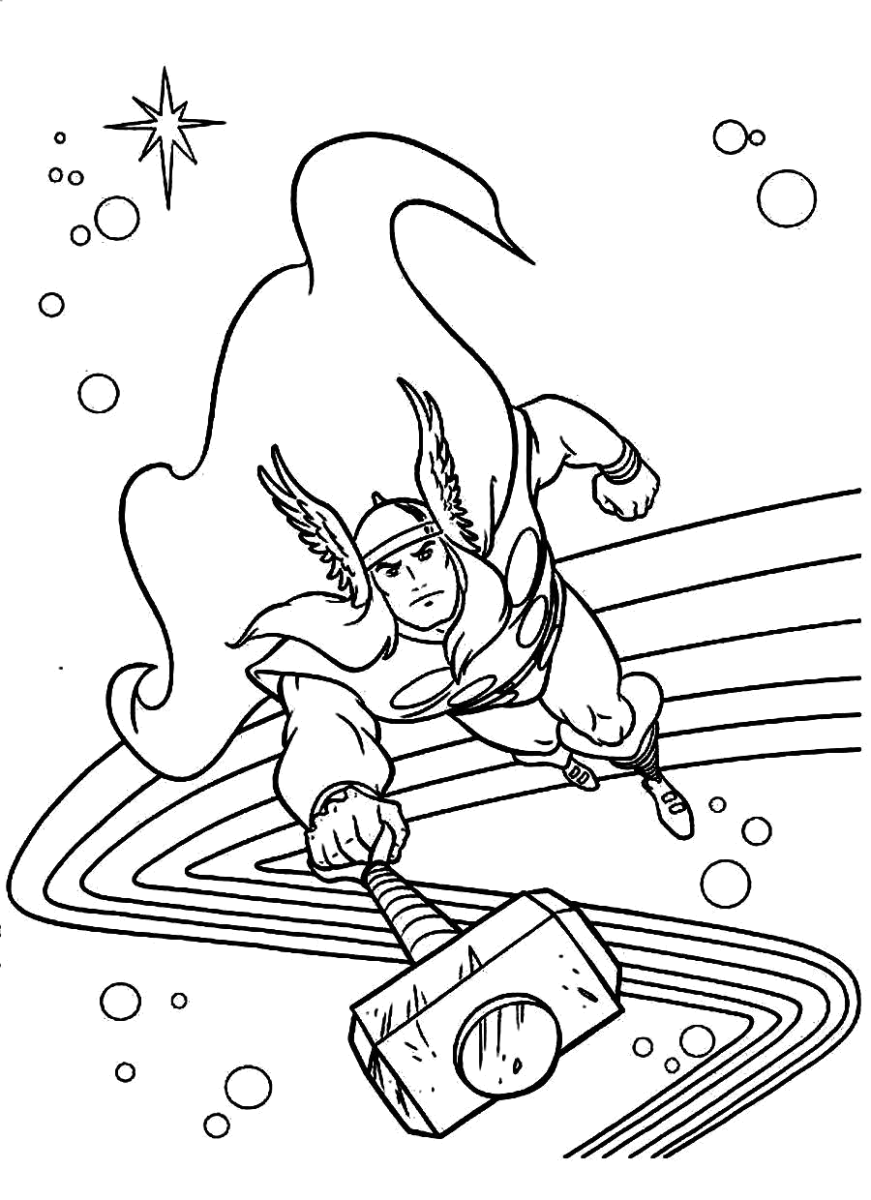 Thor voando sobre o arco-íris de Asgard para colorir
