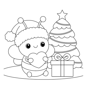 Abelhinha de Natal com a árvore e presente para colorir
