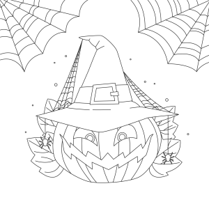 Abóbora com chapéu de bruxa e teias de aranha para colorir