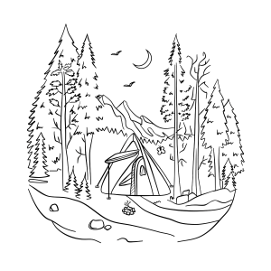 Acampamento com barraca e fogueira na floresta para colorir