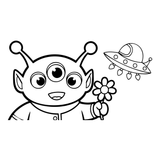 Alienígena de três olhos segurando uma flor para colorir