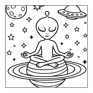 Alienígena meditando no anel de Saturno para colorir
